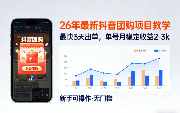 26年最新抖音团购项目教学，0门槛，最快3天出单，单号月稳定收益2-3k-卡益网激活码商城