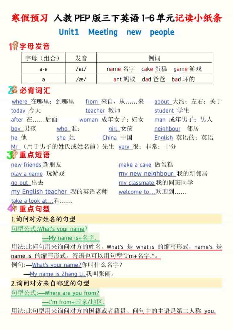 三年级下英语寒假预习1-6单元记读小纸条《人教版PEP》-卡益网激活码商城