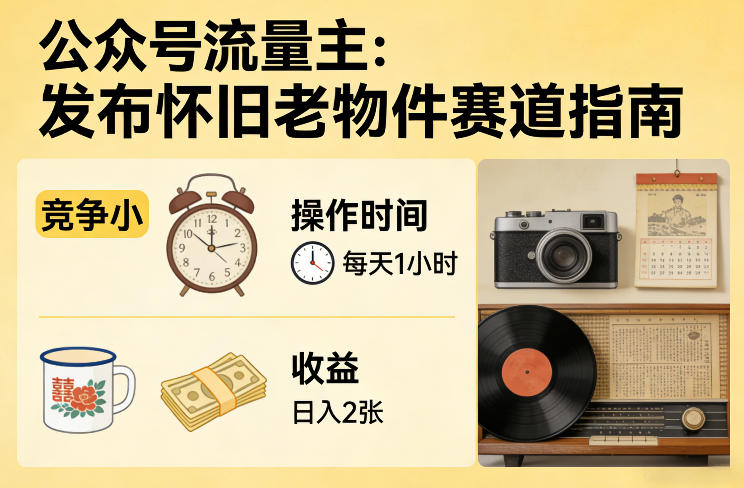 公众号流量主之发布怀旧老物件赛道，竞争小，每天操作1小时，日入2张-卡益网激活码商城