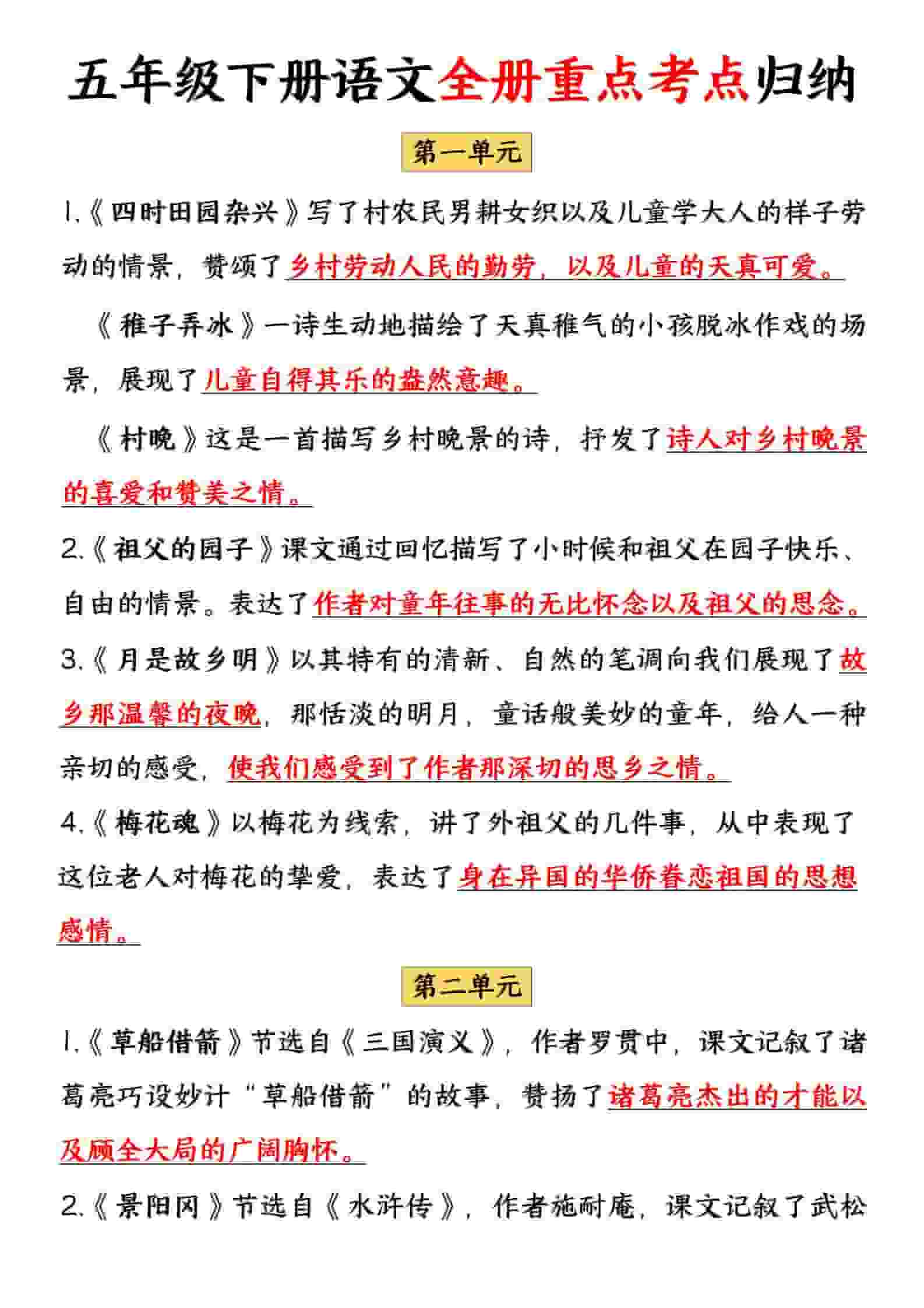 五年级下语文全册重点考点归纳-卡益网激活码商城