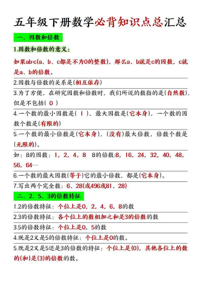 五年级下数学必背知识点总复习汇总《人教版》-卡益网激活码商城