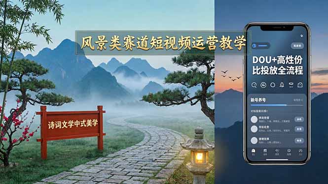 风景类赛道短视频运营教学：诗词文学中式美学，新号养号对标账号定位，DOU+高性价比投放全流程-卡益网激活码商城