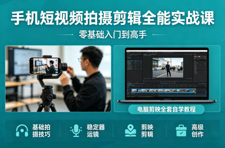 手机短视频拍摄剪辑全能实战课：零基础入门到高手，稳定器运镜+电脑剪映全套自学教程-卡益网激活码商城