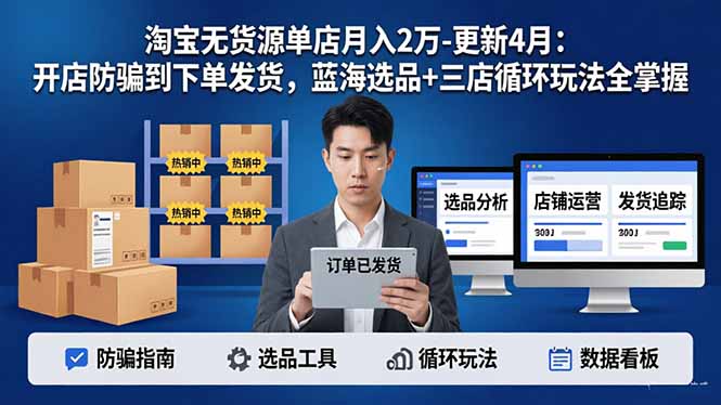 淘宝无货源5.0单店月入2万-更新4月：开店防骗到下单发货，蓝海选品+三店循环玩法全掌握-卡益网激活码商城