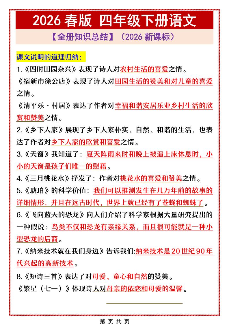四年级下语文全册中心思想总结归纳-卡益网激活码商城