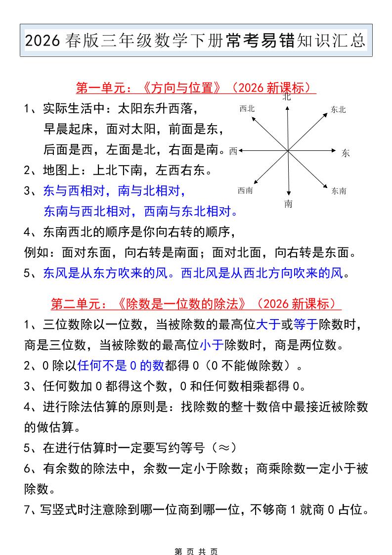 三年级下数学常考易错知识汇总《人教版》-卡益网激活码商城
