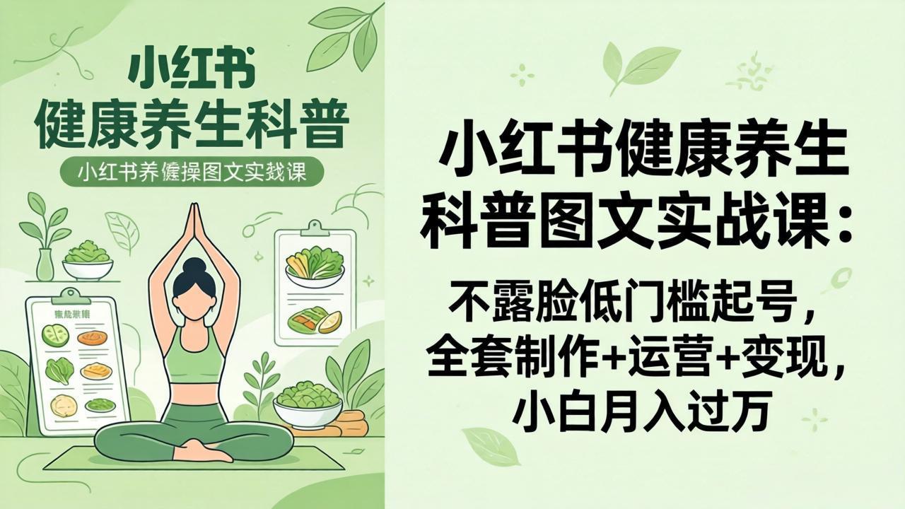 2026小红书健康养生科普图文实战课:不露脸低门槛起号,全套制作+运营+变现,小白月入过万-卡益网激活码商城