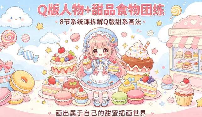 Q版人物+甜品食物团练,8节系统课拆解Q版甜系画法,画出属于自己的甜蜜插画世界-卡益网激活码商城