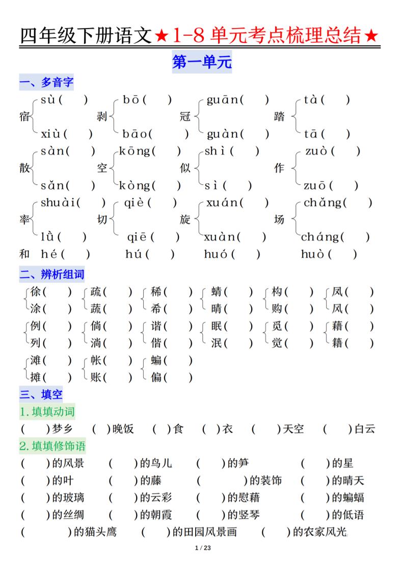 26春四年级下语文1-8单元知识复习要点-卡益网激活码商城