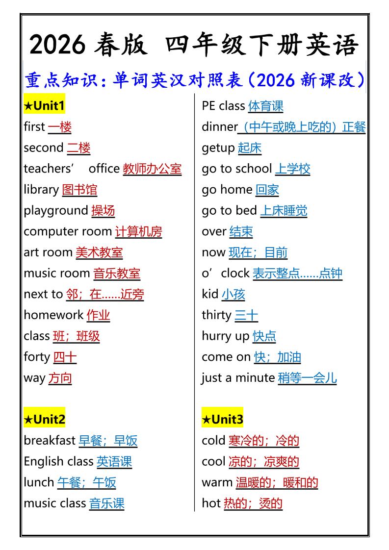 2026春新版四年级下英语重点知识:单词英汉对照表《人教版PEP》-卡益网激活码商城
