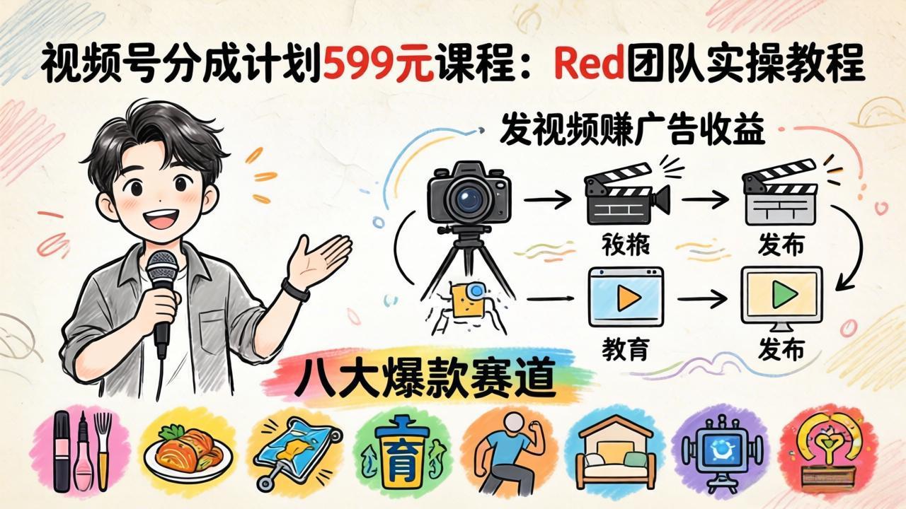 视频号分成计划599元课程：Red团队实操教程，发视频赚广告收益，八大爆款赛道全掌握-卡益网激活码商城
