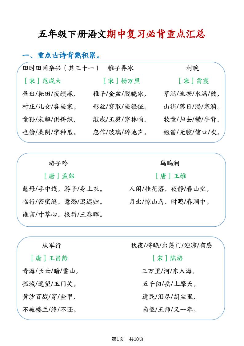 五年级下语文期中复习重点知识点汇总1-卡益网激活码商城