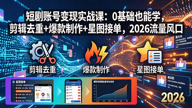 短剧账号变现实战课：0基础也能学，剪辑去重+爆款制作+星图接单，2026流量风口-卡益网激活码商城