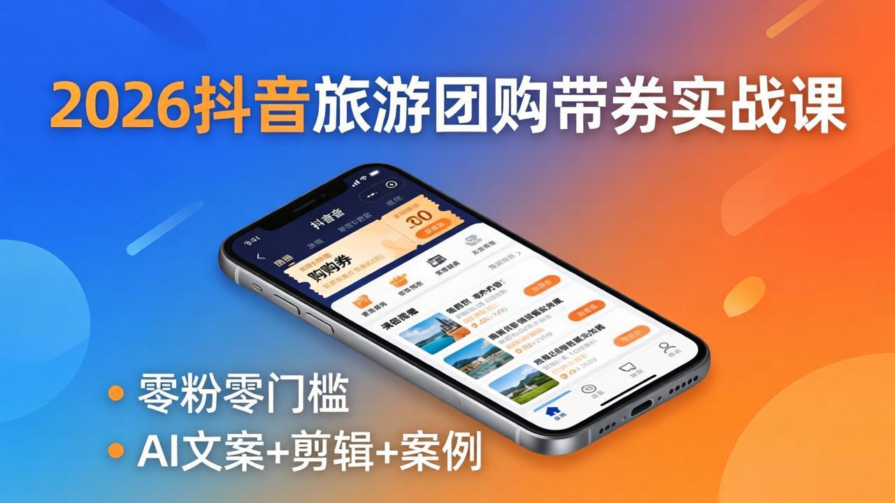 2026抖音旅游团购带券实战课：零粉零门槛，AI文案+剪辑+案例，躺着赚门票佣金-卡益网激活码商城