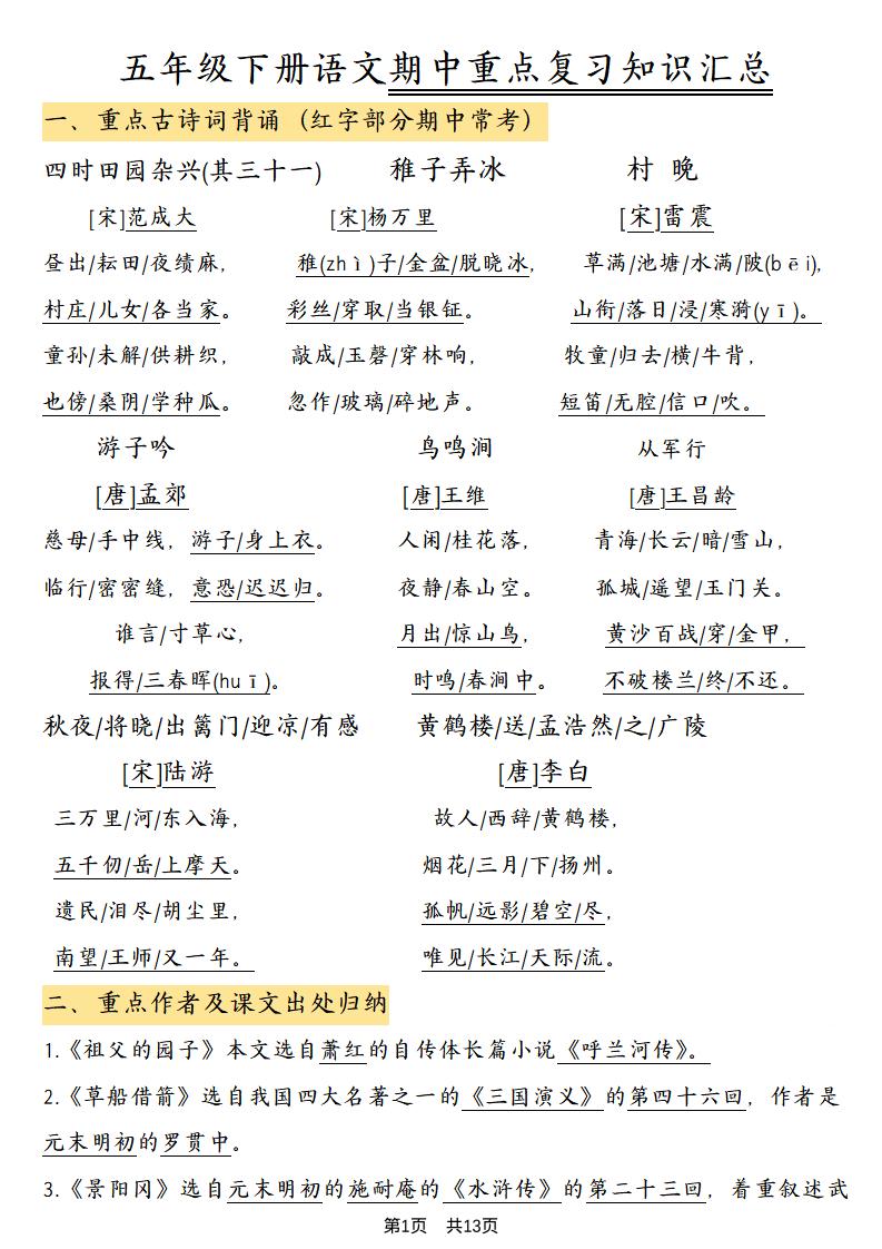 五年级下语文期中重点复习知识汇总-卡益网激活码商城