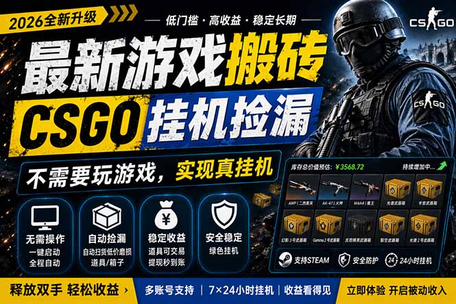 最新游戏搬砖，CSGO纯挂机，不需要玩游戏，实现真挂机，月入1W+，五一小高峰上车可吃肉，...-卡益网激活码商城