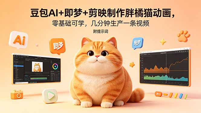 豆包AI+即梦+剪映制作胖橘猫动画，零基础可学，几分钟生产一条视频，附提示词-卡益网激活码商城