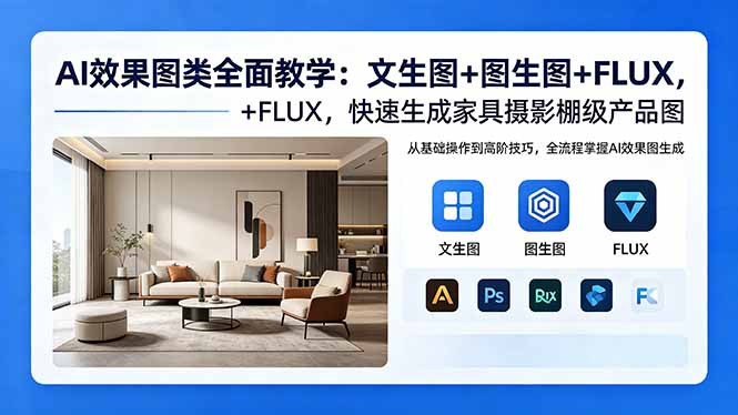 AI效果图类全面教学：文生图+图生图+FLUX，快速生成家具摄影棚级产品图-卡益网激活码商城