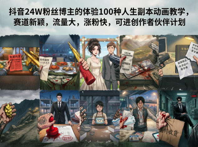 抖音24W粉丝博主的体验100种人生副本动画教学，赛道新颖，流量大，涨粉快，可进创作者伙伴计划-卡益网激活码商城