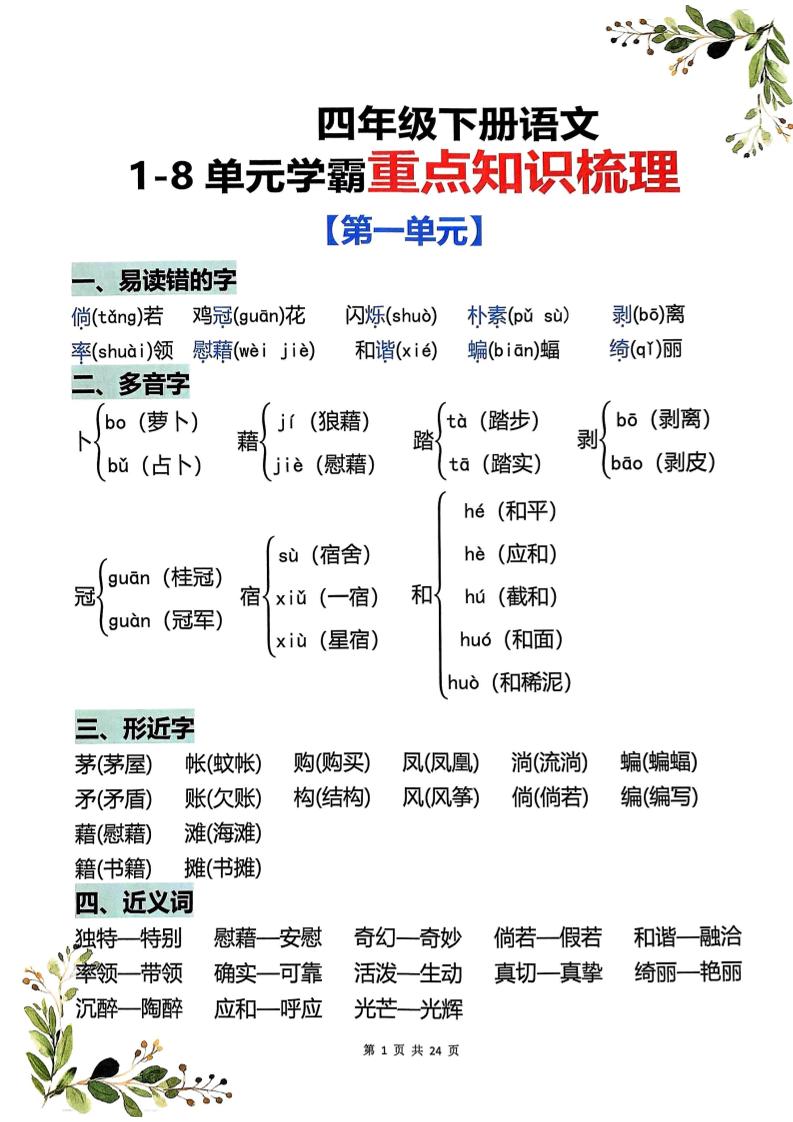 四年级下语文1-8单元学霸重点知识梳理-卡益网激活码商城