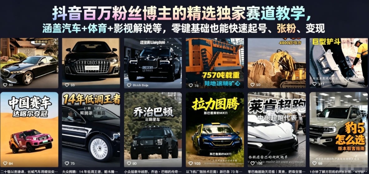 抖音百万粉丝博主的精选独家赛道教学,涵盖汽车+体育+影视解说等,零基础也能快速起号、涨粉、变现-卡益网激活码商城