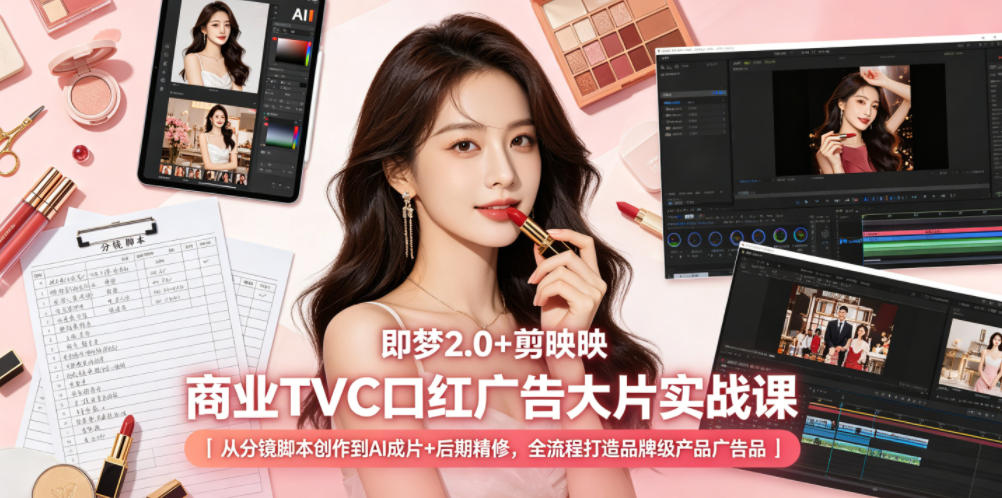 即梦2.0+剪映商业TVC口红广告大片实战课｜从分镜脚本创作到AI成片+后期精修，全流程打造品牌级产品广告-卡益网激活码商城