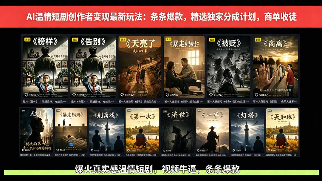 AI温情短剧创作者变现最新玩法：视频牛逼，条条爆款，精选独家分成计划，商单收徒-卡益网激活码商城