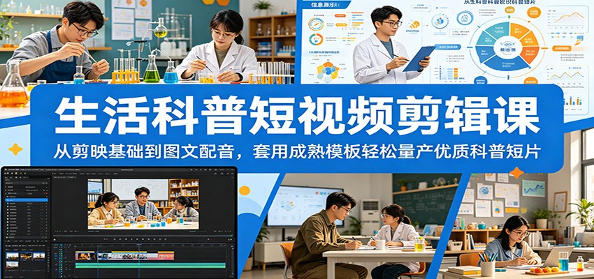生活科普短视频剪辑课：从剪映基础到图文配音，套用成熟模板轻松量产优质科普短片-卡益网激活码商城