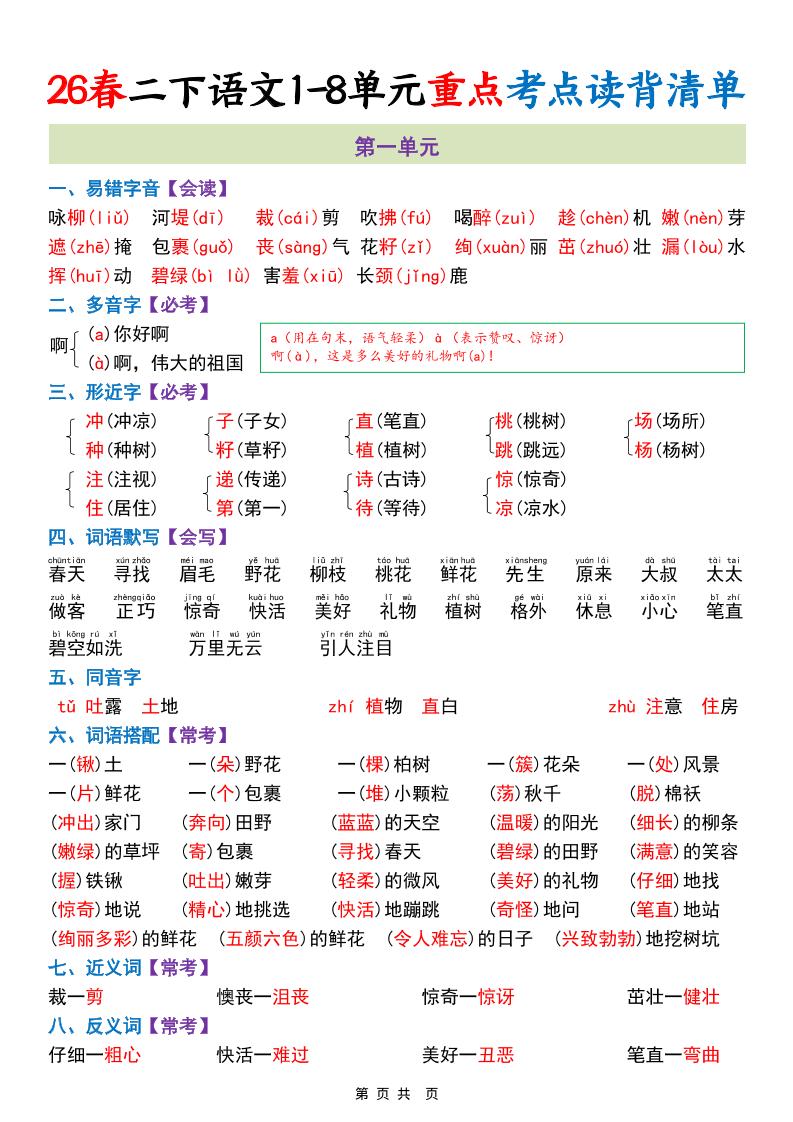 二年级下语文1-8单元重点考点读背清单-卡益网激活码商城
