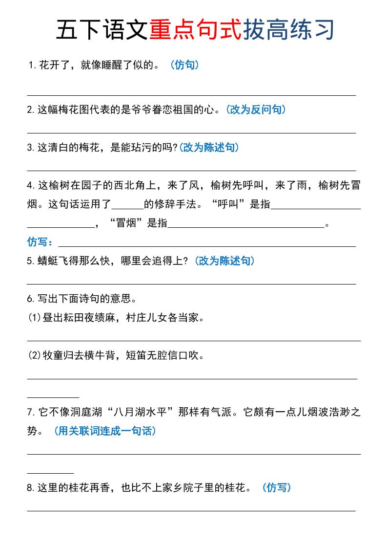 五年级下语文《重点句式》拔高练习-卡益网激活码商城