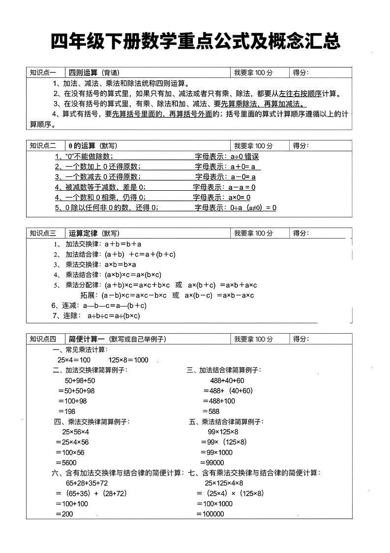 四年级下数学重点公式及概念汇总-卡益网激活码商城