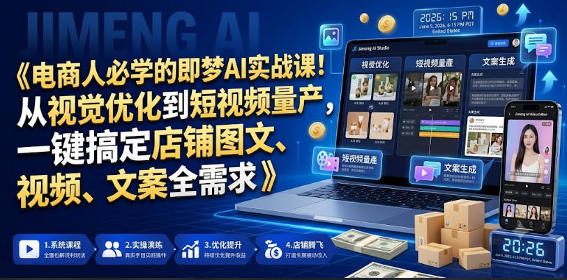 电商人必学的即梦AI实战课！从视觉优化到短视频量产，一键搞定店铺图文、视频、文案全需求-卡益网激活码商城