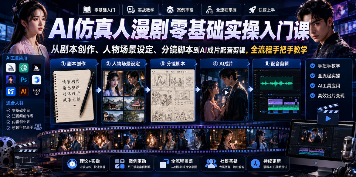 AI仿真人漫剧零基础实操入门课，从剧本创作、人物场景设定、分镜脚本到AI成片配音剪辑，全流程手把手教学-卡益网激活码商城