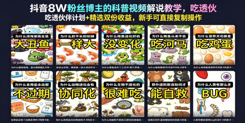 抖音8W粉丝博主的科普视频解说教学，吃透伙伴计划+精选双份收益，新手可直接复制操作-卡益网激活码商城