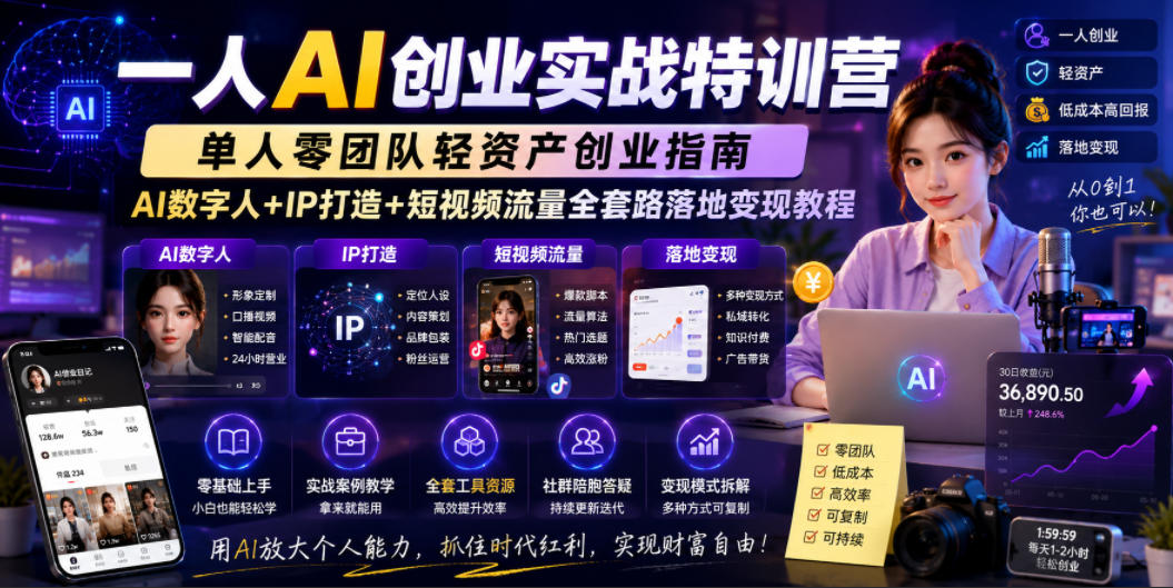 一人AI创业实战特训营，单人零团队轻资产创业指南，AI数字人+IP打造+短视频流量全套路落地变现教程-卡益网激活码商城