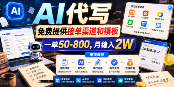 AI代写，免费提供接单渠道和模板，一单50-800，月稳入2W【揭秘】-卡益网激活码商城