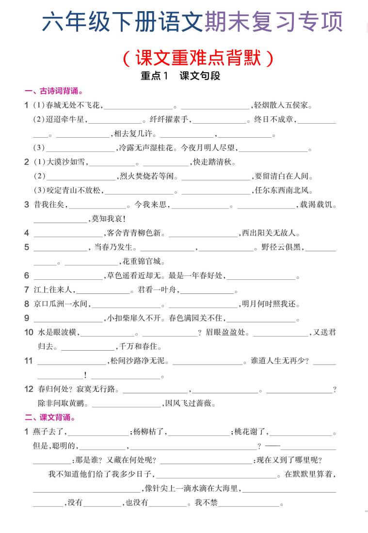 六年级下语文期末复习课文重难点背默-卡益网激活码商城