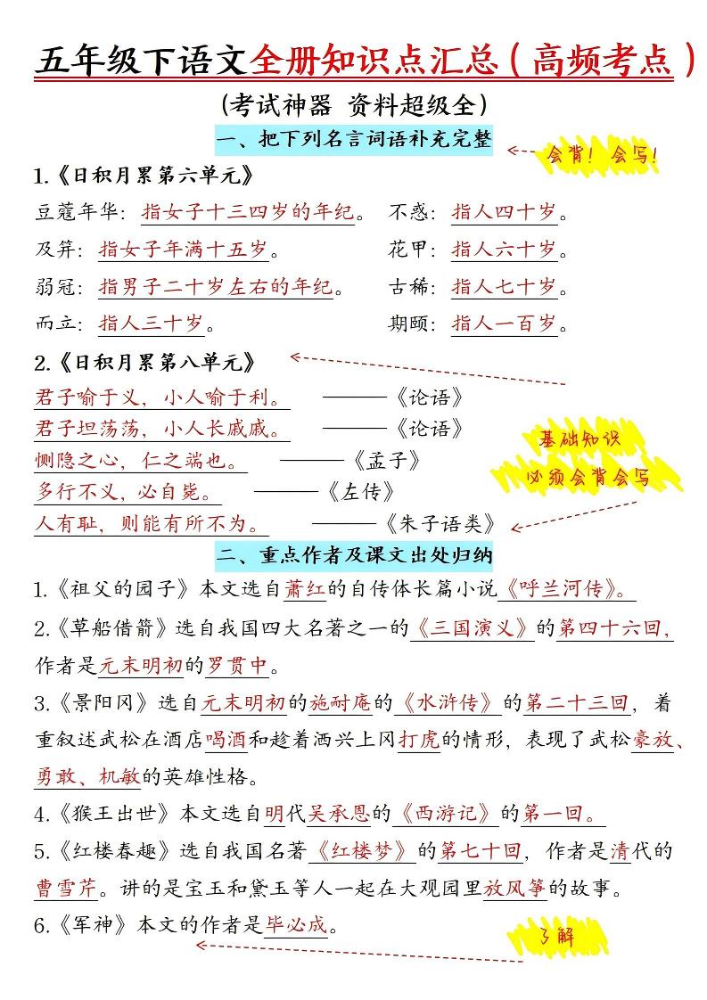 五年级下语文期末全册知识点汇总高频考点-卡益网激活码商城