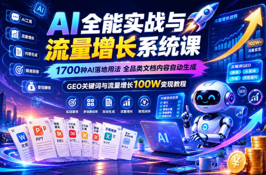 AI全能实战与流量增长系统课，1700种AI落地用法，全品类文档内容自动生成，GEO关键词与流量增长100W变现教程-卡益网激活码商城