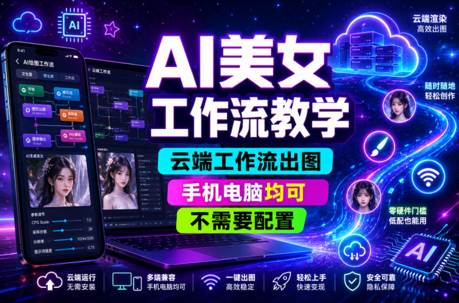 AI美女工作流教学，云端工作流出图，手机电脑均可，不需要配置，快速起号涨粉-卡益网激活码商城