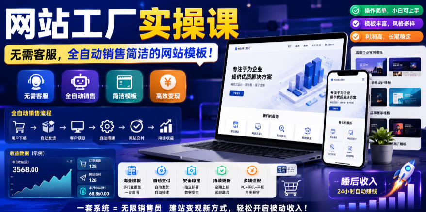 网站工厂实操课,无需客服,网站模板自动赚钱!【原创双语字幕】-卡益网激活码商城