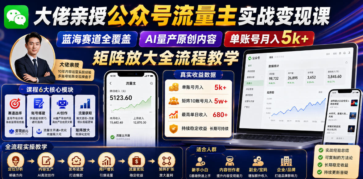 大佬亲授公众号流量主实战变现课，蓝海赛道全覆盖，AI量产原创内容，单账号月入5k+矩阵放大全流程教学-卡益网激活码商城