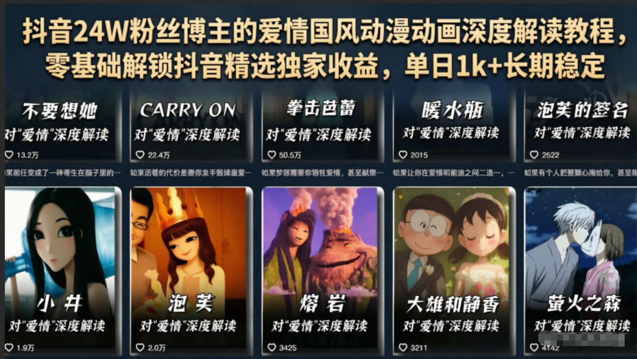 抖音24W粉丝博主的爱情国风动漫动画深度解读教程，零基础解锁抖音精选独家收益，单日1k+长期稳定-卡益网激活码商城