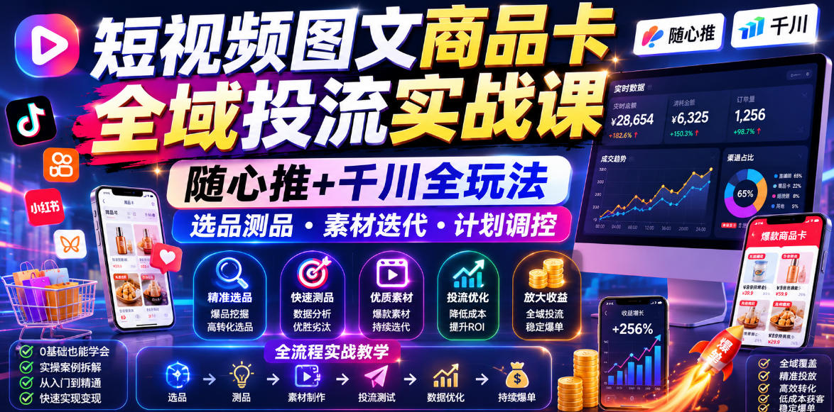 短视频图文商品卡全域投流实战课，随心推+千川全玩法，选品测品・素材迭代・计划调控，提升ROI爆单增收教程-卡益网激活码商城