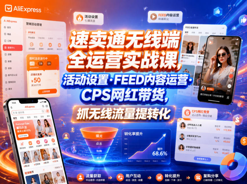 速卖通无线端全运营实战课，活动设置・FEED内容运营・CPS网红带货，抓无线流量提转化-卡益网激活码商城