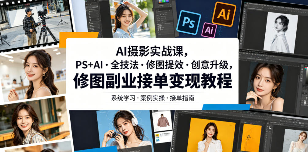 AI摄影实战课，PS+AI・全技法・修图提效・创意升级，修图副业接单变现教程-卡益网激活码商城