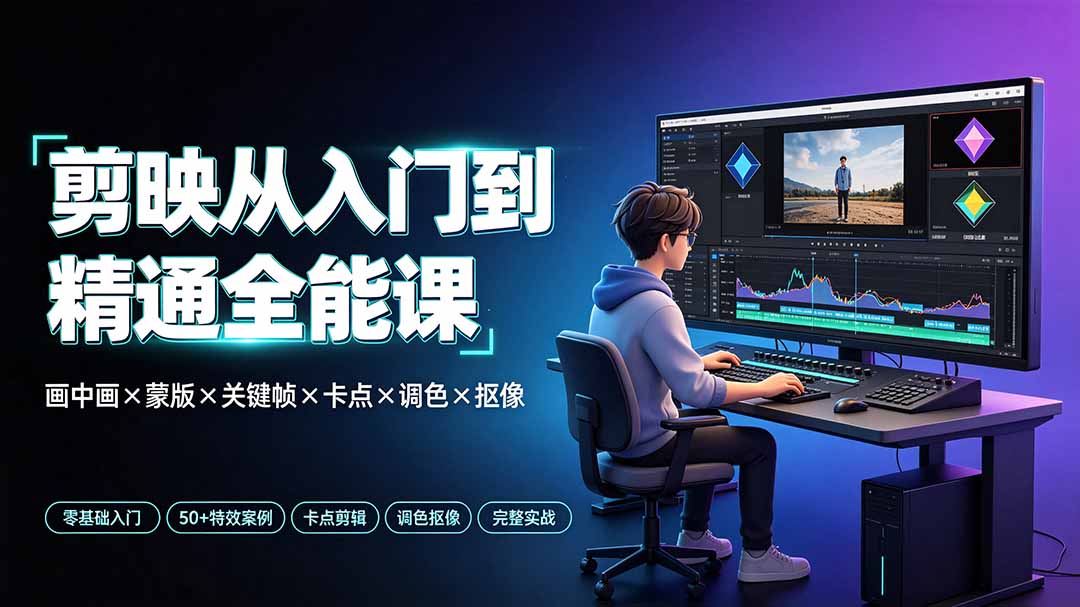 剪映从入门到精通全能课：画中画×蒙版×关键帧×卡点×调色×抠像，一站式掌握剪辑核心技能-卡益网激活码商城