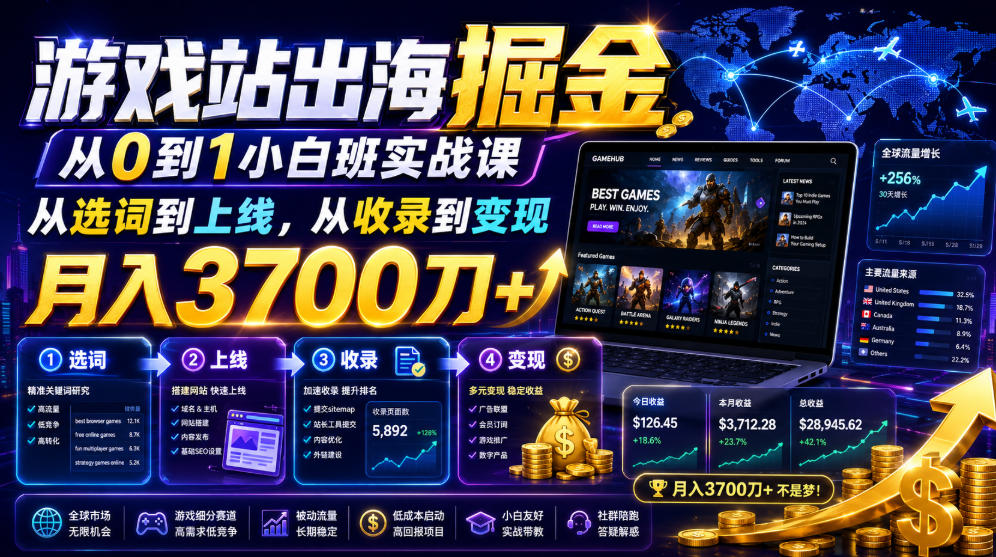 游戏站出海掘金从0到1小白实战课，从选词到上线，从收录到变现，月入3700刀+-卡益网激活码商城