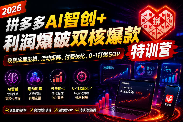 2026拼多多AI智创+利润爆破双核爆款特训营，收获底层逻辑、活动矩阵、付费优化、0-1打爆SOP-卡益网激活码商城