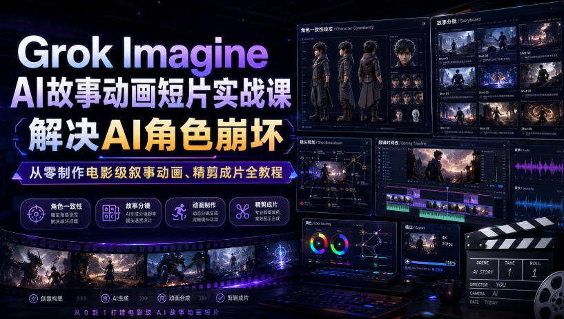 Grok Imagine AI故事动画短片实战课|解决AI角色崩坏,从零制作电影级叙事动画、精剪成片全教程(中英字幕)-卡益网激活码商城